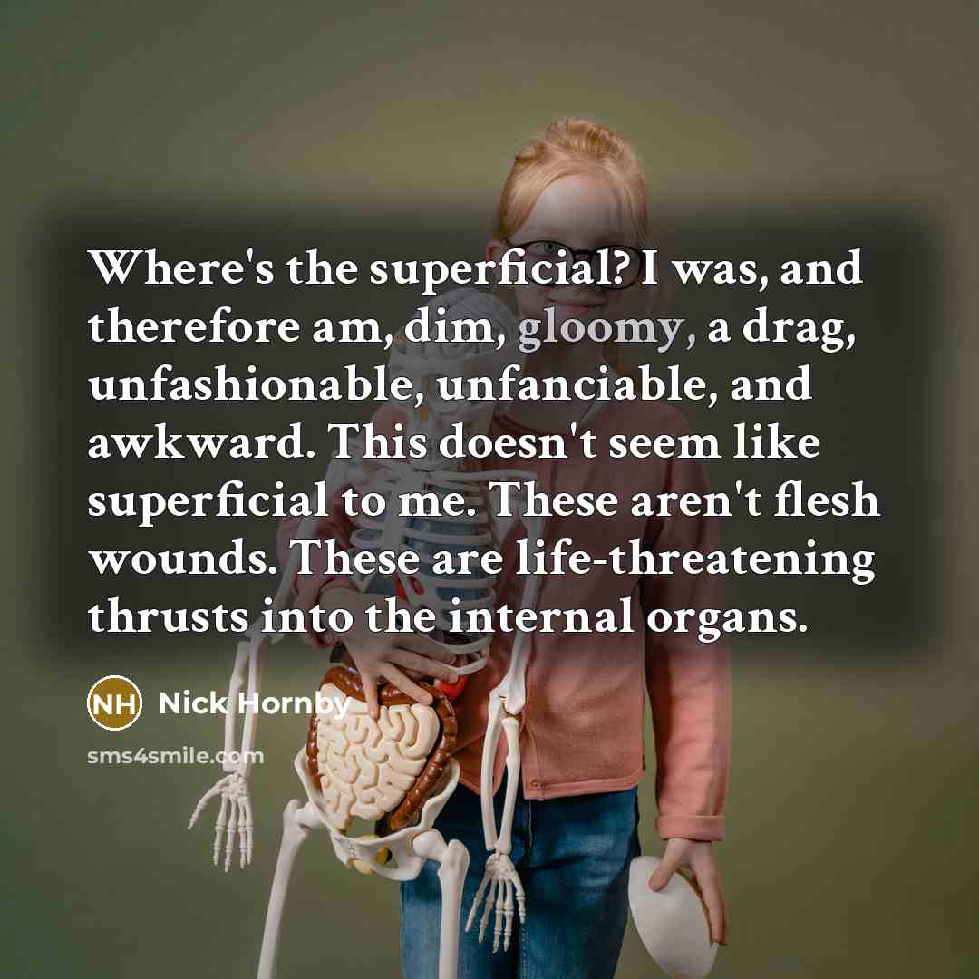“Where's the superficial? I was, and therefore am, dim, gloomy,…” quote by Nick Hornby