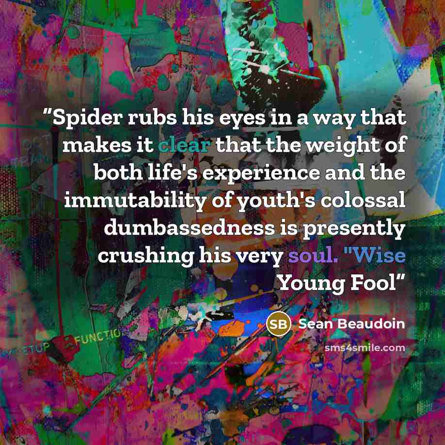 “Spider rubs his eyes in a way that makes it clear that the weight of both life's experience and the immutability of youth's colossal dumbassedness is presently crushing his very soul. "Wise Young Fool” quote by Sean Beaudoin