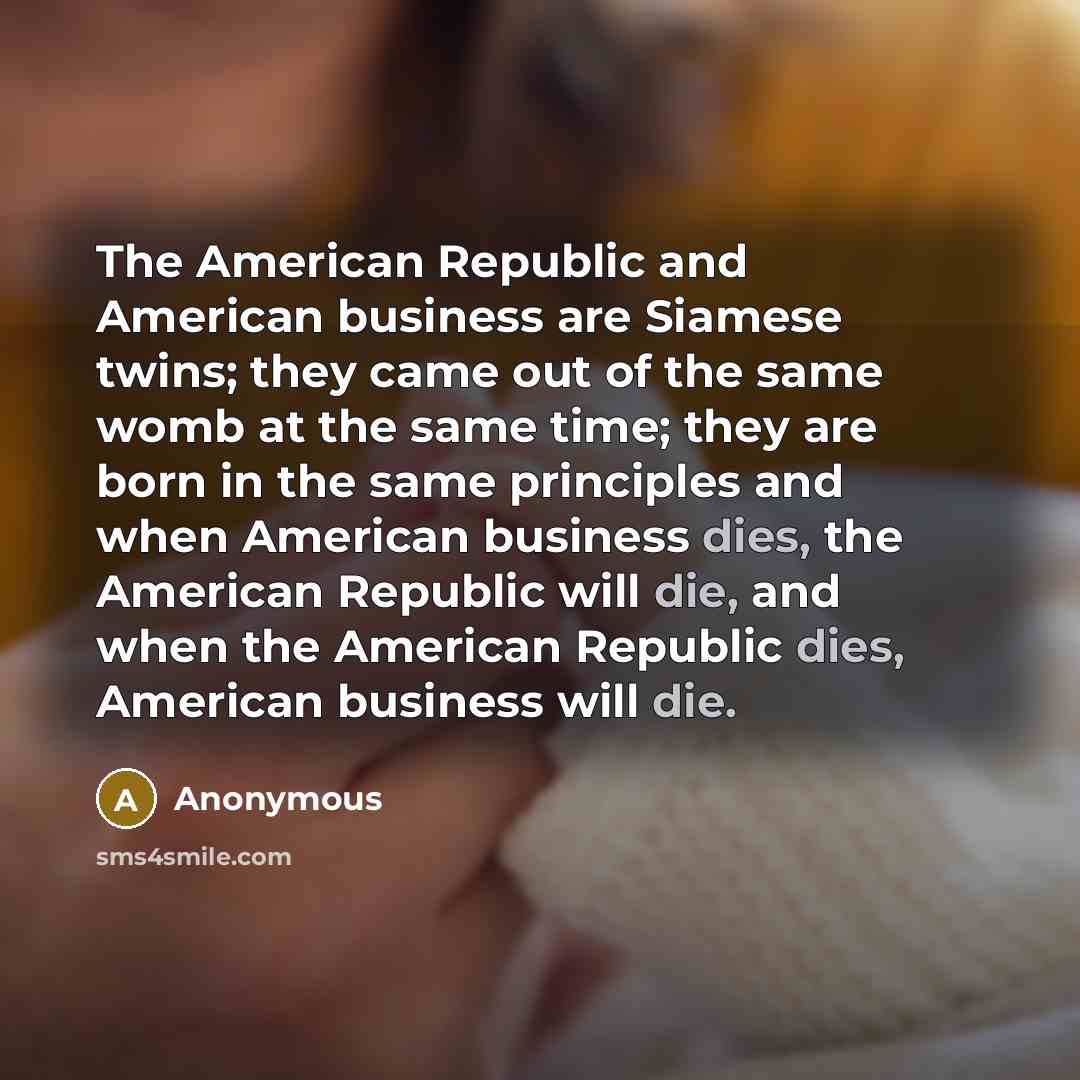 “The American Republic and American business are Siamese twins; they came out of the same womb at the same time; they are born in the same principles and when American business dies, the American Republic will die, and when the American Republic dies, American business will die.” quote by Anonymous