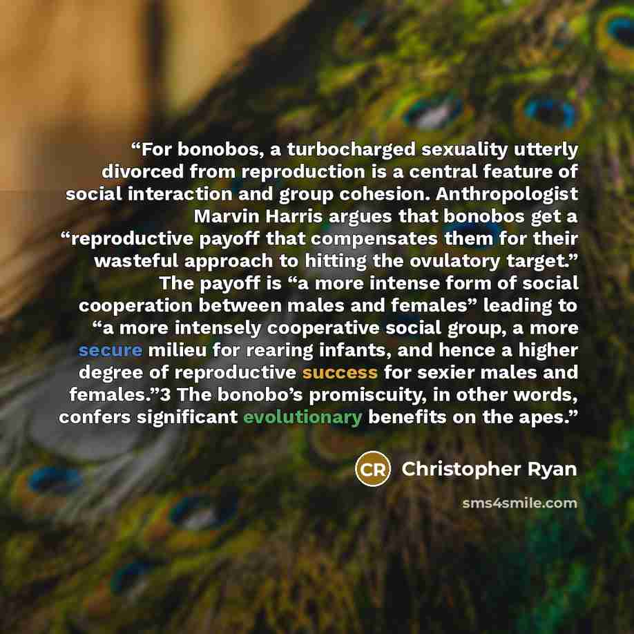 “For bonobos, a turbocharged sexuality utterly divorced from reproduction is a central feature of social interaction and group cohesion. Anthropologist Marvin Harris argues that bonobos get a “reproductive payoff that compensates them for their wasteful approach to hitting the ovulatory target.”…” quote by Christopher Ryan