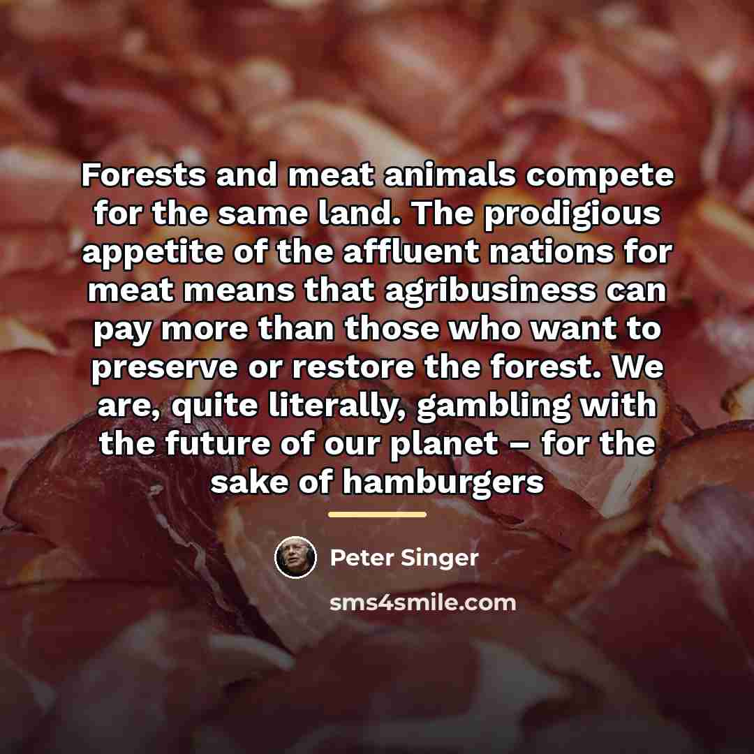 “Forests and meat animals compete for the same land. The…” quote by Peter Singer