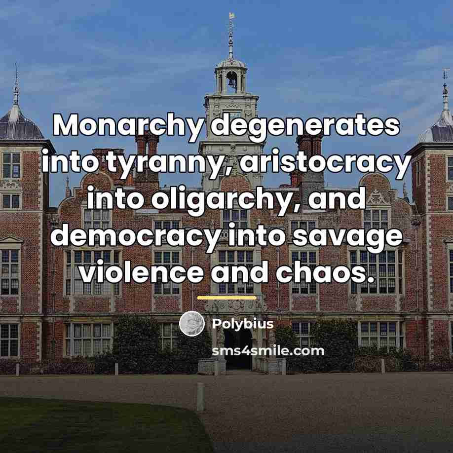 “Monarchy degenerates into tyranny, aristocracy into oligarchy, and democracy into…” quote by Polybius