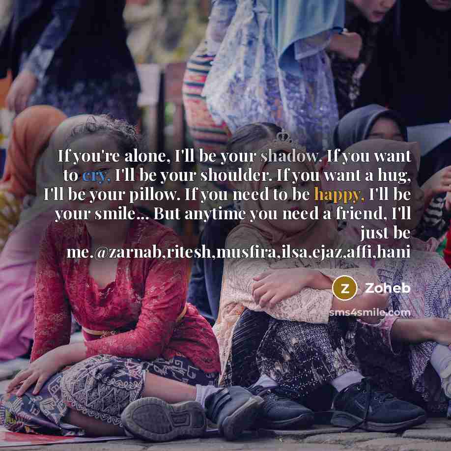 “If you're alone, I'll be your shadow. If you want to cry, I'll be your shoulder. If you want a hug, I'll be your pillow. If you need to be happy, I'll be your smile... But anytime you need a friend, I'll just be me.@zarnab,ritesh,musfira,ilsa,ejaz,affi,hani” quote by Zoheb