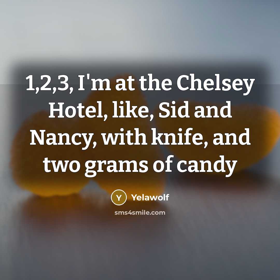 “1,2,3, I'm at the Chelsey Hotel, like, Sid and Nancy,…” quote by Yelawolf