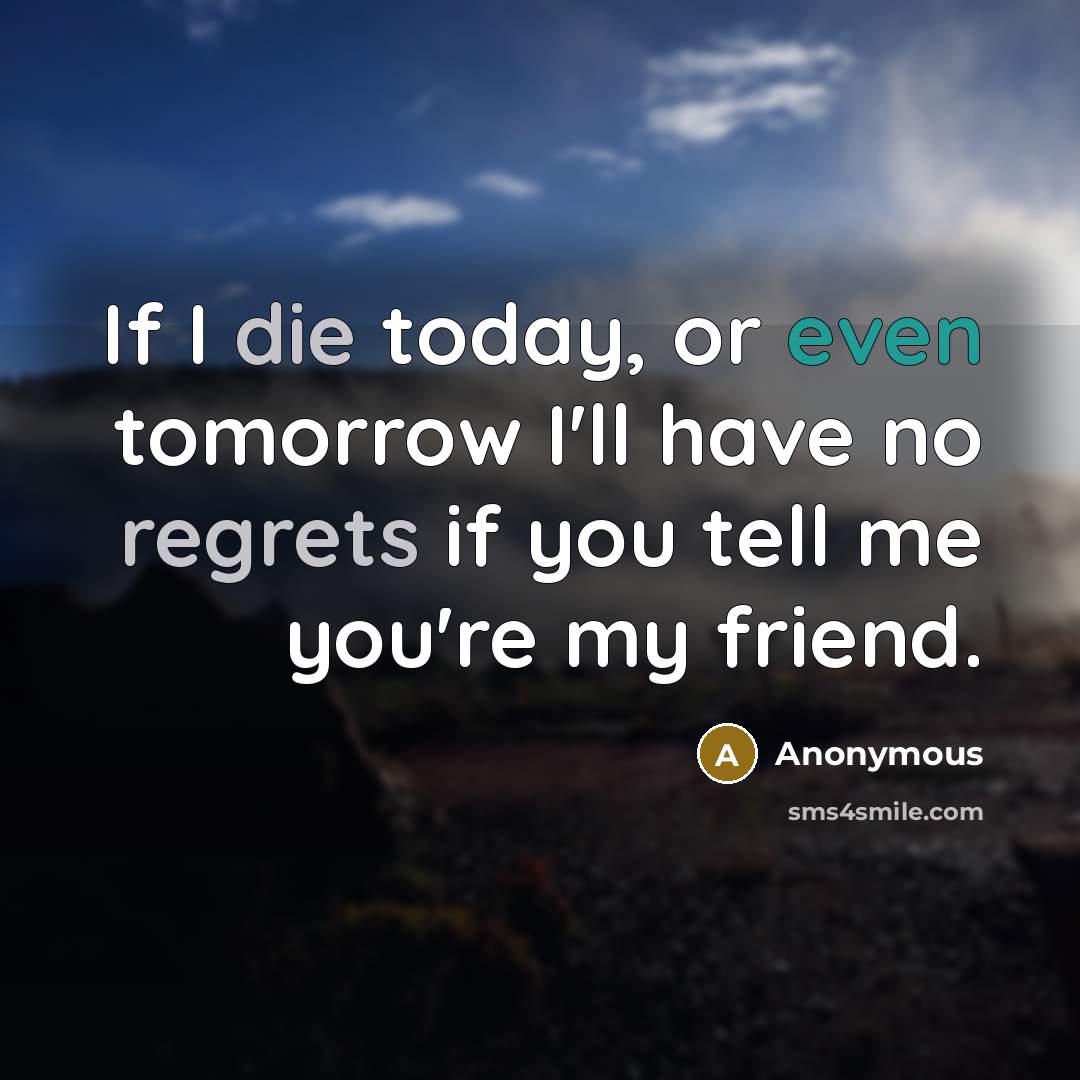 “If I die today, or even tomorrow I'll have no regrets if you tell me you're my friend.” quote by Anonymous