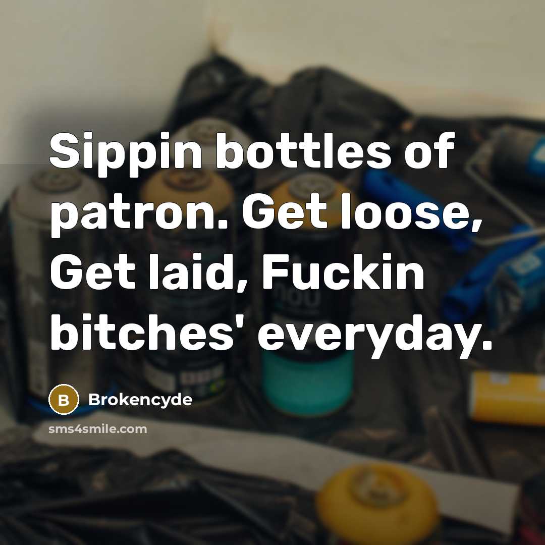 “Sippin bottles of patron. Get loose, Get laid, Fuckin bitches' everyday.” quote by Brokencyde