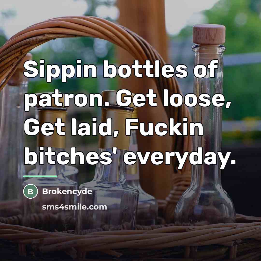 “Sippin bottles of patron. Get loose, Get laid, Fuckin bitches'…” quote by Brokencyde