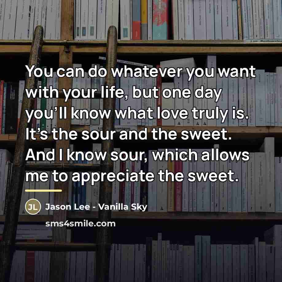 “You can do whatever you want with your life, but one day you'll know what love truly is. It's the sour and the sweet. And I know sour, which allows me to appreciate the sweet.” quote by Jason Lee - Vanilla Sky