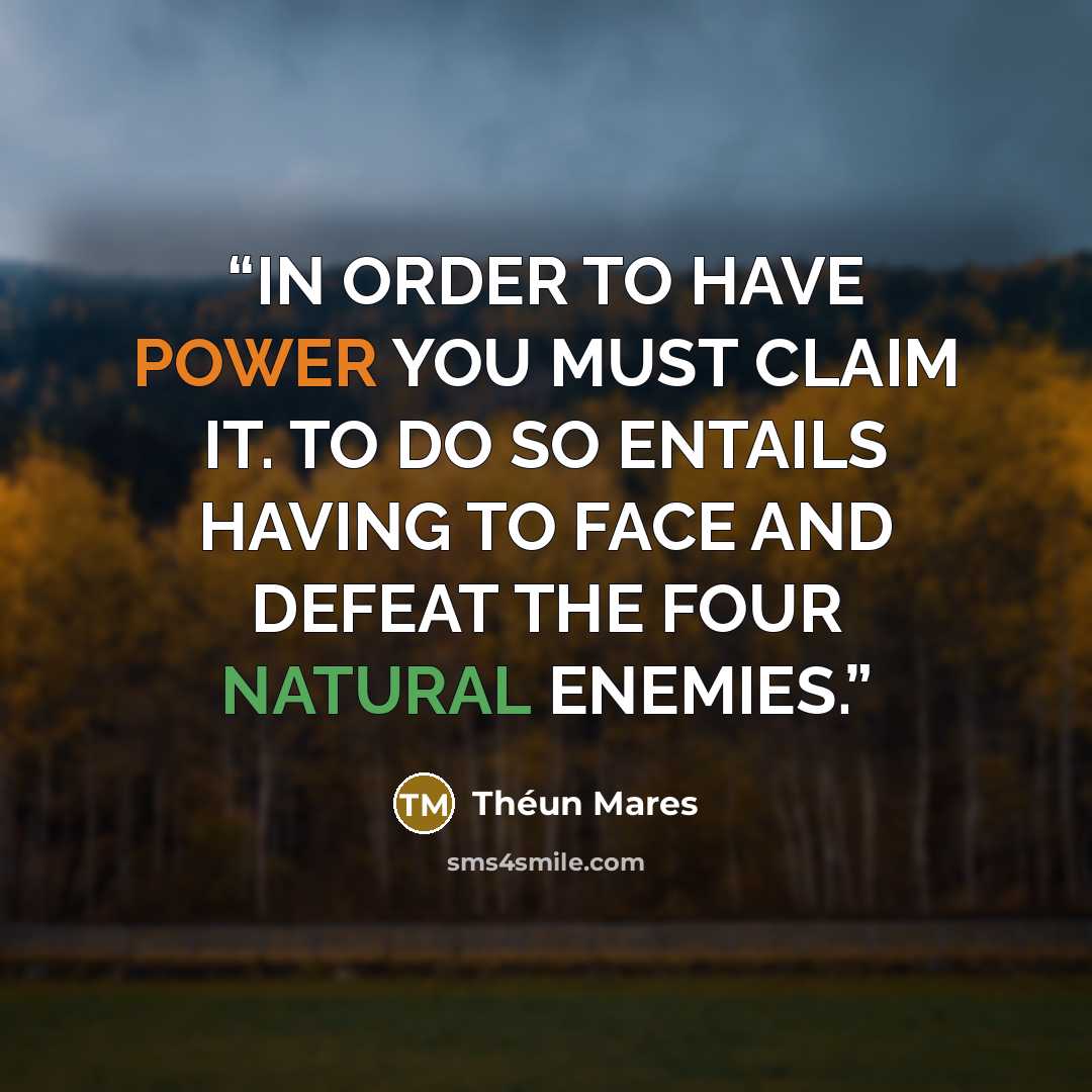 “IN ORDER TO HAVE POWER YOU MUST CLAIM IT. TO DO SO ENTAILS HAVING TO FACE AND DEFEAT THE FOUR NATURAL ENEMIES.” quote by Théun Mares