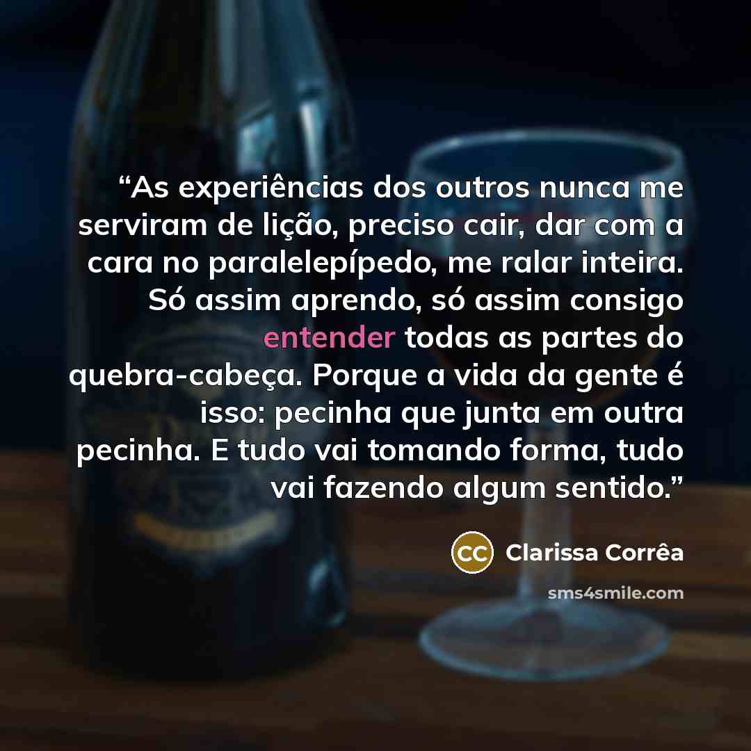 “As experiências dos outros nunca me serviram de lição, preciso cair, dar com a cara no paralelepípedo, me ralar inteira. Só assim aprendo, só assim consigo entender todas as partes do quebra-cabeça. Porque a vida da gente é isso: pecinha que junta em outra pecinha. E tudo vai tomando forma, tudo…” quote by Clarissa Corrêa