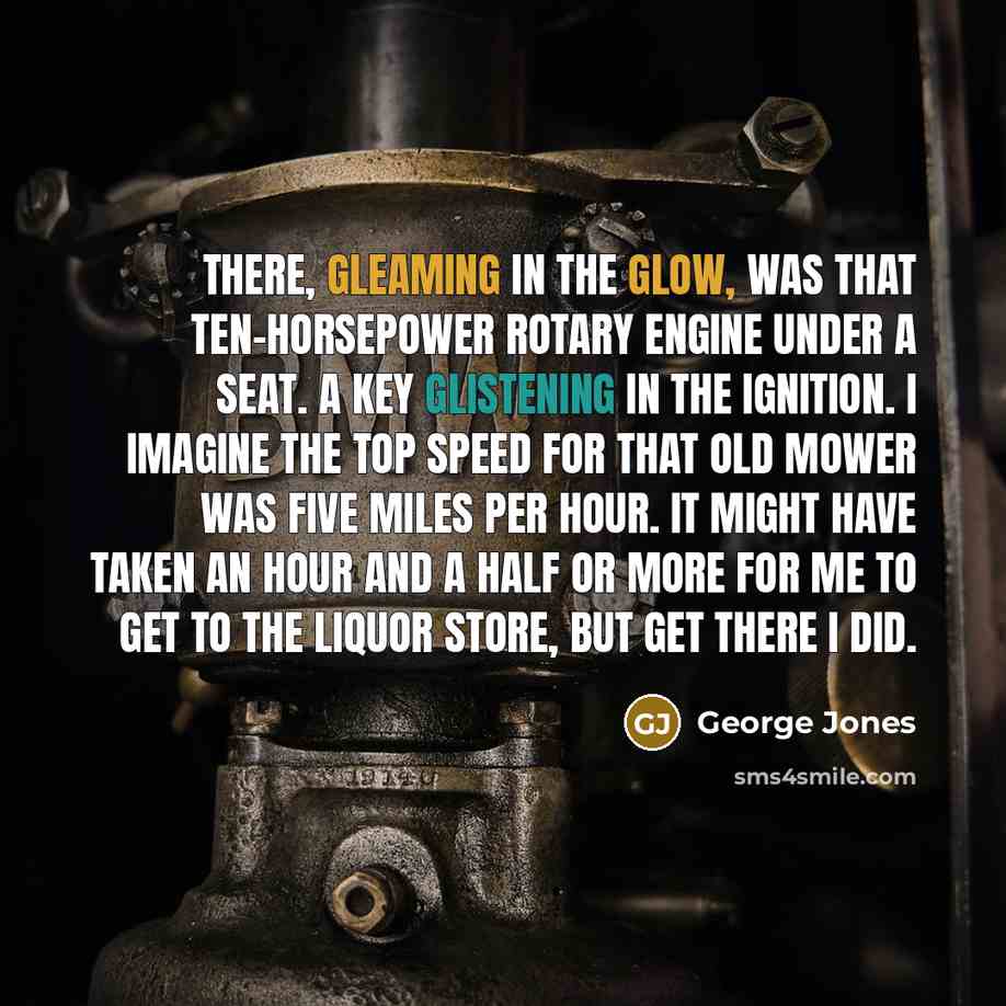 “There, gleaming in the glow, was that ten-horsepower rotary engine under a seat. A key glistening in the ignition. I imagine the top speed for that old mower was five miles per hour. It might have taken an hour and a half or more for me to get to the liquor store, but get there I did.” quote by George Jones