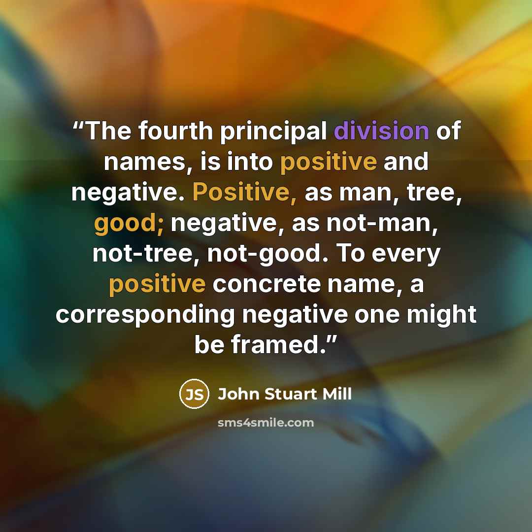“The fourth principal division of names, is into positive and negative. Positive, as man, tree, good; negative, as not-man, not-tree, not-good. To every positive concrete name, a corresponding negative one might be framed.” quote by John Stuart Mill