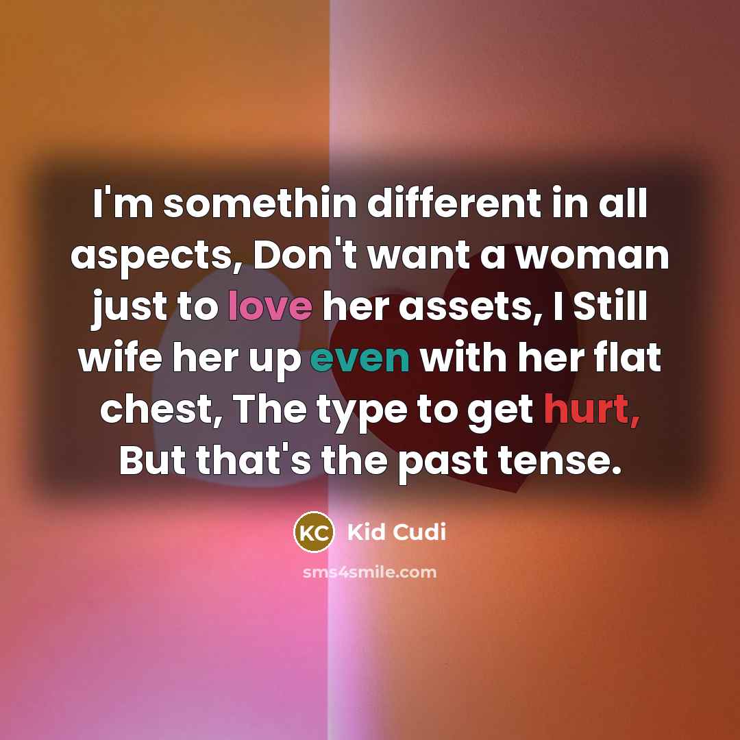 “I'm somethin different in all aspects, Don't want a woman just to love her assets, I Still wife her up even with her flat chest, The type to get hurt, But that's the past tense.” quote by Kid Cudi
