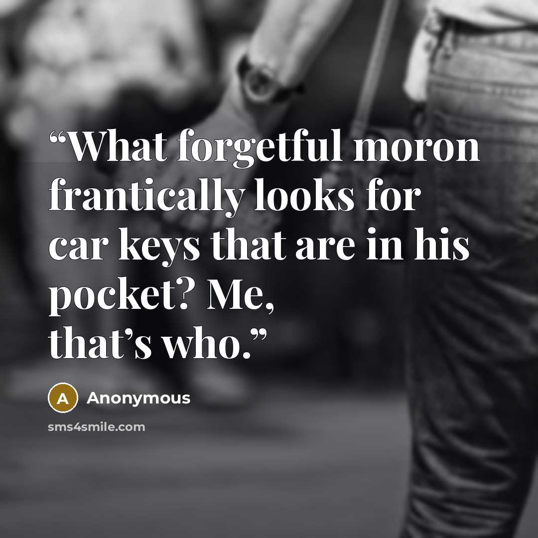 “What forgetful moron frantically looks for car keys that are in his pocket? Me, that’s who.” quote by Anonymous