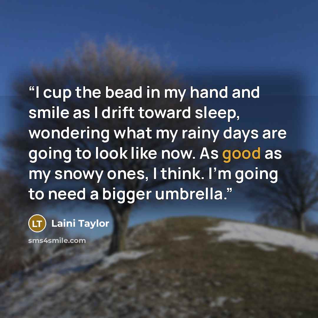 “I cup the bead in my hand and smile as I drift toward sleep, wondering what my rainy days are going to look like now. As good as my snowy ones, I think. I’m going to need a bigger umbrella.” quote by Laini Taylor