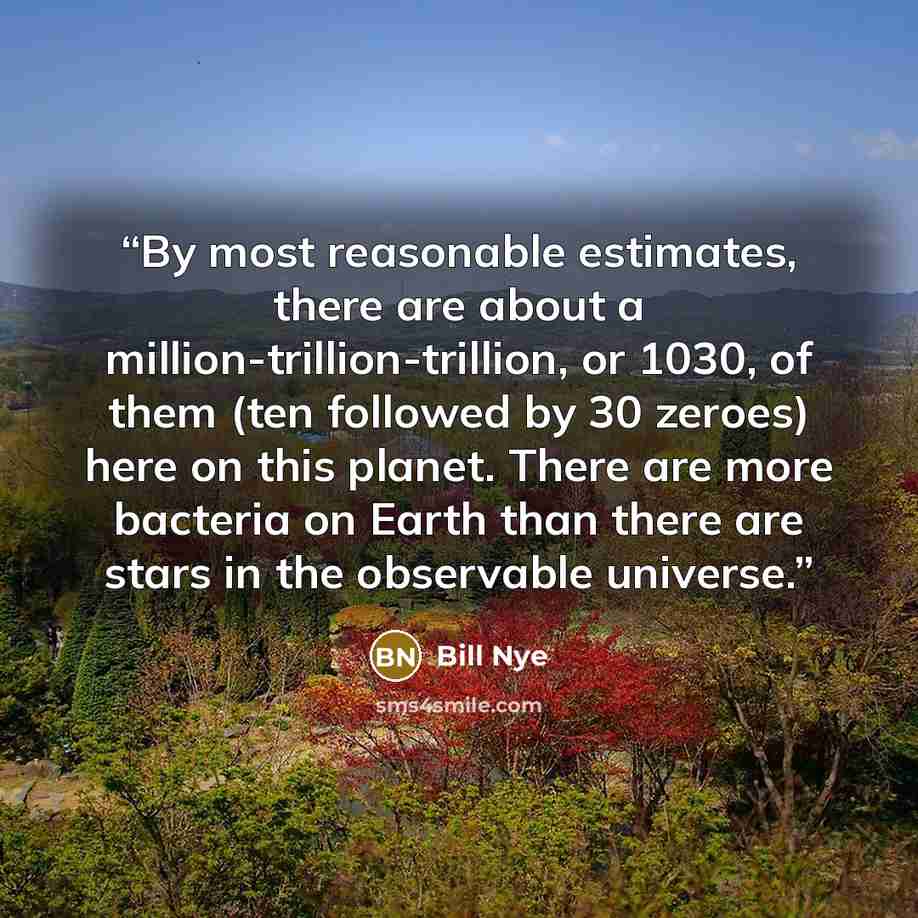 “By most reasonable estimates, there are about a million-trillion-trillion, or 1030, of them (ten followed by 30 zeroes) here on this planet. There are more bacteria on Earth than there are stars in the observable universe.” quote by Bill Nye