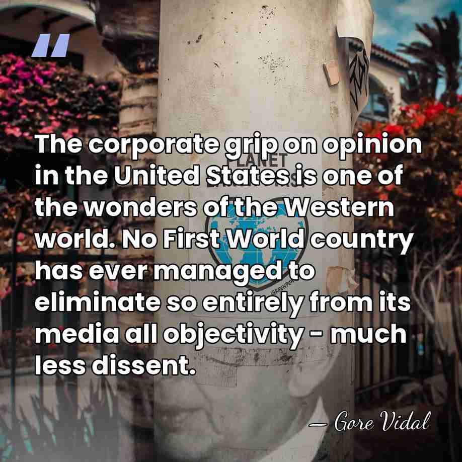 The corporate grip on opinion in the United States is one of&hellip; - Gore Vidal