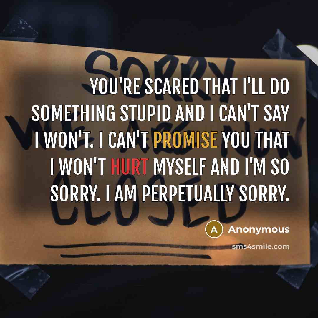 “You're scared that i'll do something stupid and I can't say I won't. i can't promise you that I won't hurt myself and I'm so sorry. i am perpetually sorry.” quote by Anonymous