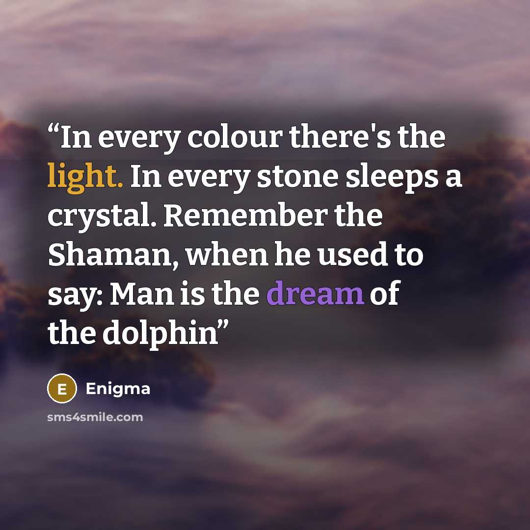 “In every colour there's the light. In every stone sleeps a crystal. Remember the Shaman, when he used to say: Man is the dream of the dolphin” quote by Enigma