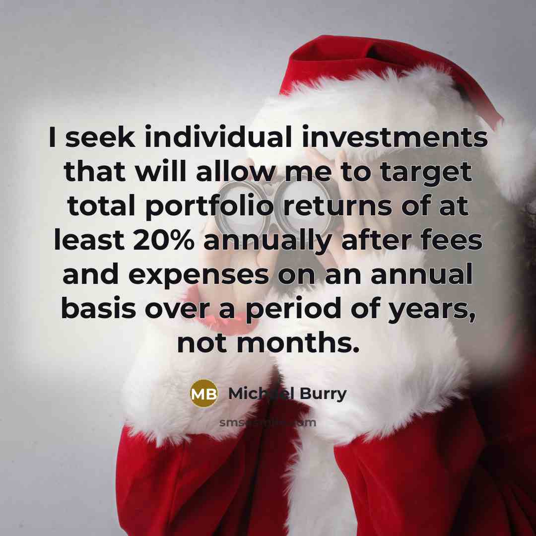 “I seek individual investments that will allow me to target total portfolio returns of at least 20% annually after fees and expenses on an annual basis over a period of years, not months.” quote by Michael Burry