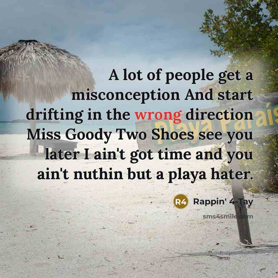 “A lot of people get a misconception And start drifting in the wrong direction Miss Goody Two Shoes see you later I ain't got time and you ain't nuthin but a playa hater.” quote by Rappin' 4-Tay