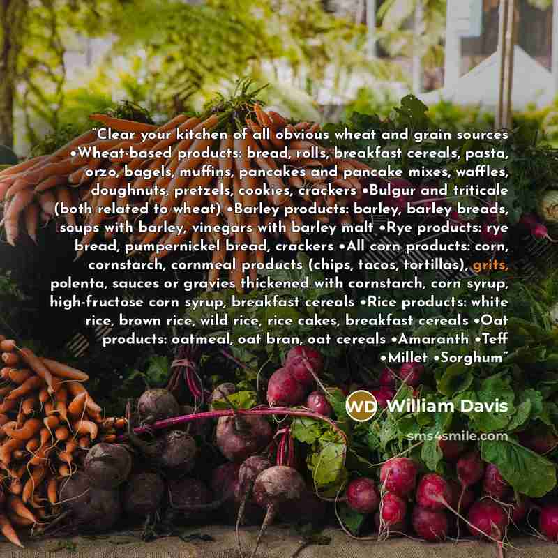 “Clear your kitchen of all obvious wheat and grain sources •Wheat-based products: bread, rolls, breakfast cereals, pasta, orzo, bagels, muffins, pancakes and pancake mixes, waffles, doughnuts, pretzels, cookies, crackers •Bulgur and triticale (both related to wheat) •Barley products: barley, barley…” quote by William Davis