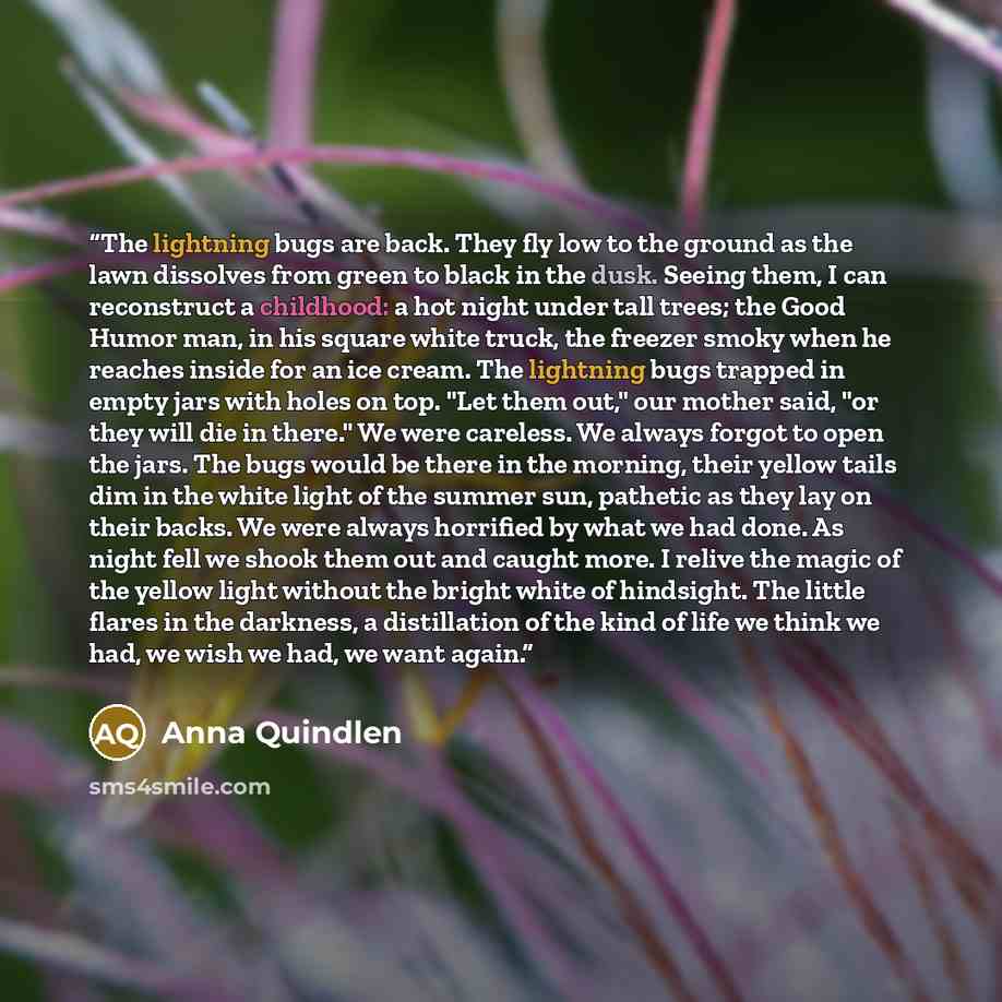 “The lightning bugs are back. They fly low to the ground as the lawn dissolves from green to black in the dusk. Seeing them, I can reconstruct a childhood: a hot night under tall trees; the Good Humor man, in his square white truck, the freezer smoky when he reaches inside for an ice cream. The…” quote by Anna Quindlen
