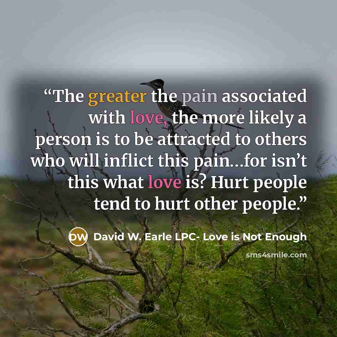 “The greater the pain associated with love, the more likely a person is to be attracted to others who will inflict this pain…for isn’t this what love is? Hurt people tend to hurt other people.” quote by David W. Earle LPC- Love is Not Enough