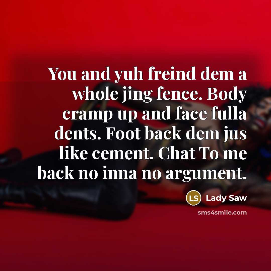 “You and yuh freind dem a whole jing fence. Body cramp up and face fulla dents. Foot back dem jus like cement. Chat To me back no inna no argument.” quote by Lady Saw