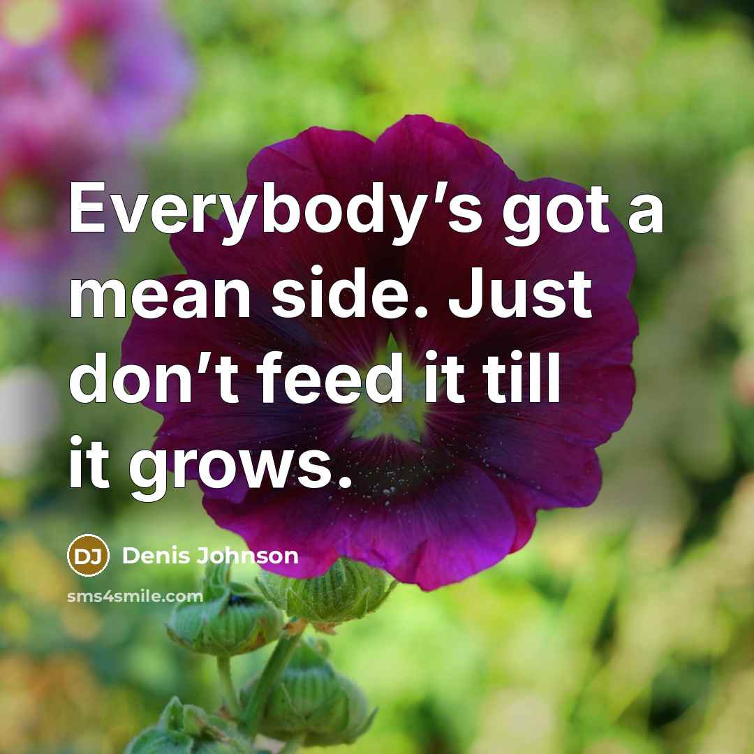 “Everybody’s got a mean side. Just don’t feed it till…” quote by Denis Johnson