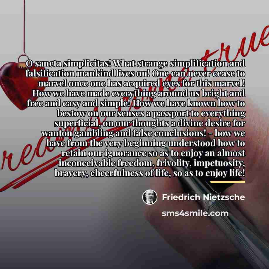 “O sancta simplicitas! What strange simplification and falsification mankind lives…” quote by Friedrich Nietzsche