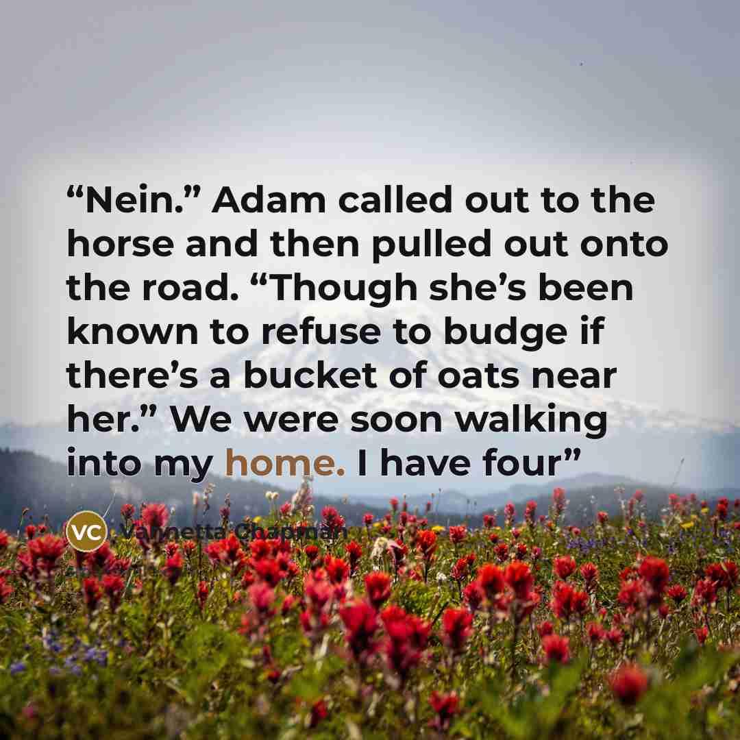 “Nein.” Adam called out to the horse and then pulled out onto the road. “Though she’s been known to refuse to budge if there’s a bucket of oats near her.” We were soon walking into my home. I have four” quote by Vannetta Chapman