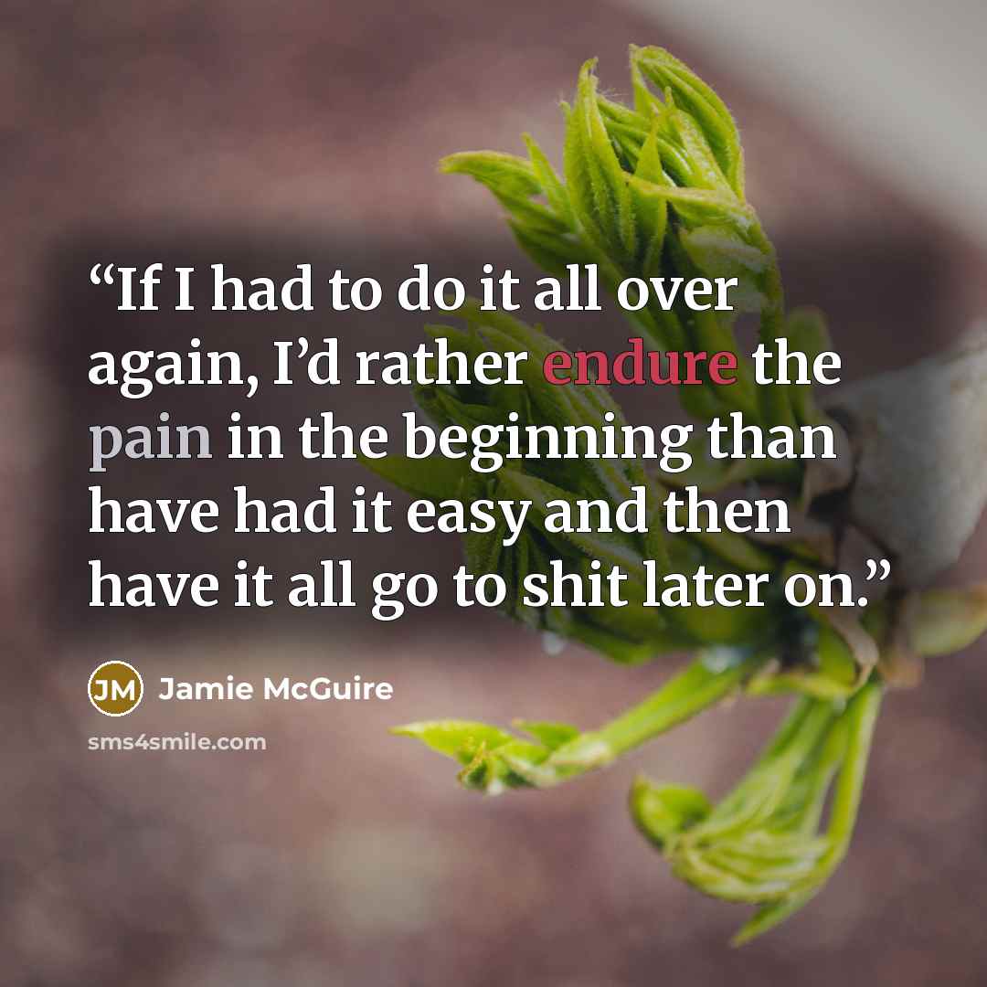 “If I had to do it all over again, I’d rather endure the pain in the beginning than have had it easy and then have it all go to shit later on.” quote by Jamie McGuire