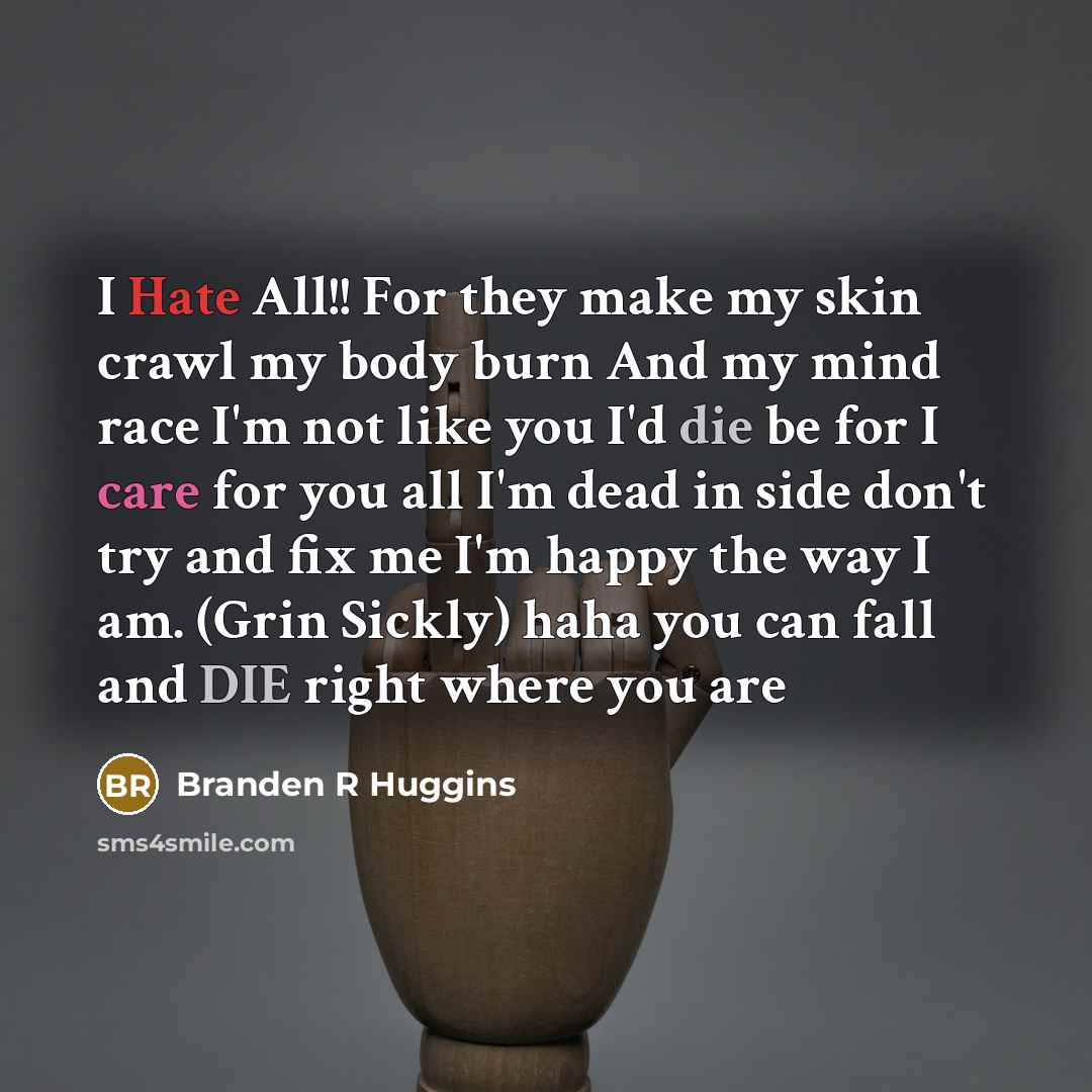 “I Hate All!! For they make my skin crawl my body burn And my mind race I'm not like you I'd die be for I care for you all I'm dead in side don't try and fix me I'm happy the way I am. (Grin Sickly) haha you can fall and DIE right where you are” quote by Branden R Huggins