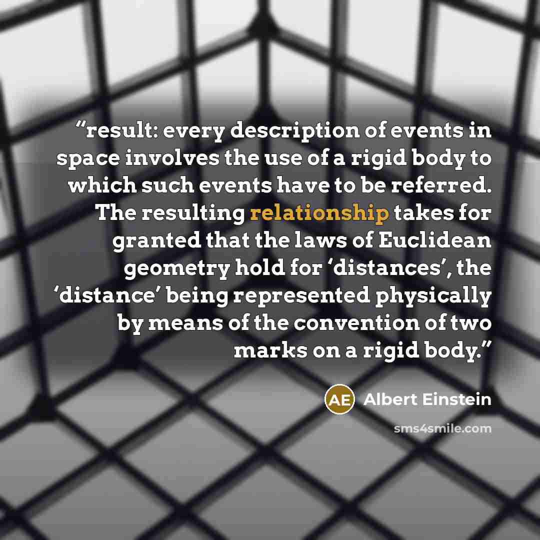 “result: every description of events in space involves the use of a rigid body to which such events have to be referred. The resulting relationship takes for granted that the laws of Euclidean geometry hold for ‘distances’, the ‘distance’ being represented physically by means of the convention of…” quote by Albert Einstein