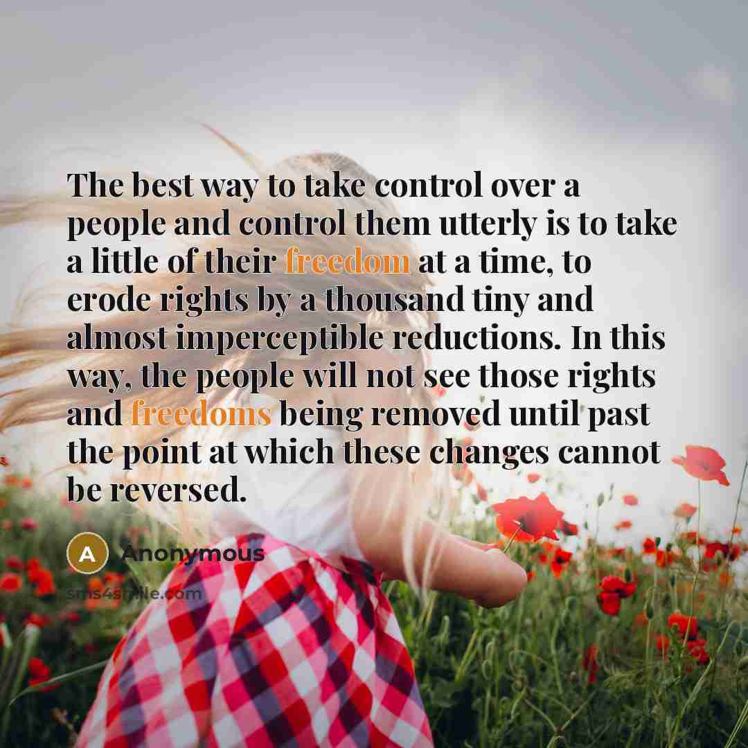 “The best way to take control over a people and control them utterly is to take a little of their freedom at a time, to erode rights by a thousand tiny and almost imperceptible reductions. In this way, the people will not see those rights and freedoms being removed until past the point at which…” quote by Anonymous