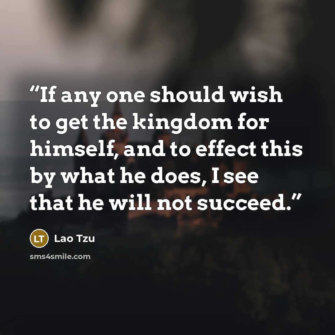 “If any one should wish to get the kingdom for himself, and to effect this by what he does, I see that he will not succeed.” quote by Lao Tzu