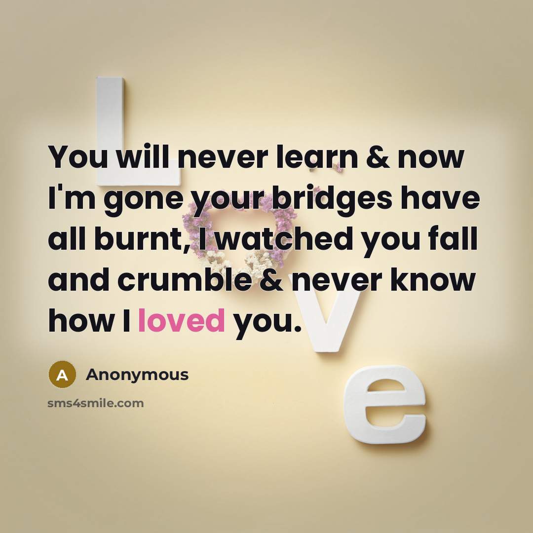 “You will never learn & now I'm gone your bridges have all burnt, I watched you fall and crumble & never know how I loved you.” quote by Anonymous