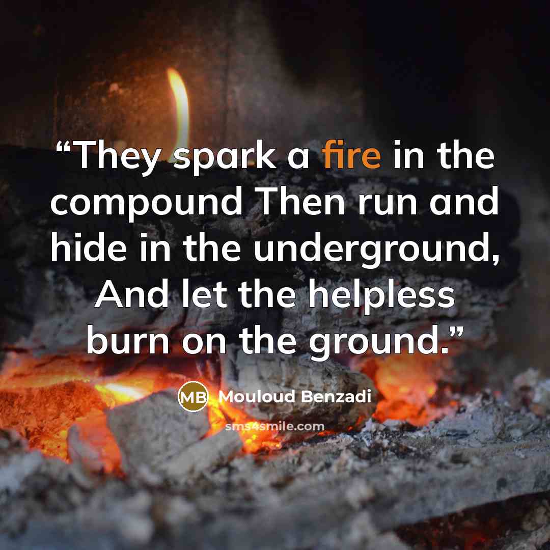 “They spark a fire in the compound Then run and hide in the underground, And let the helpless burn on the ground.” quote by Mouloud Benzadi