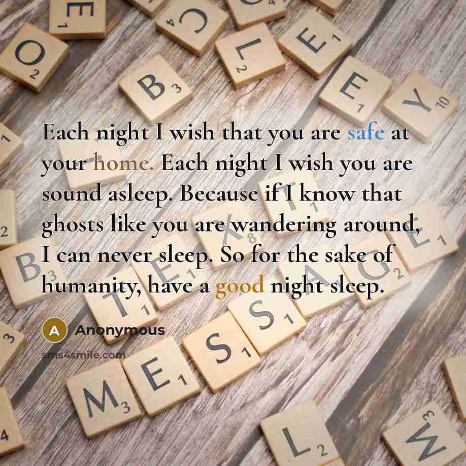 “Each night I wish that you are safe at your home. Each night I wish you are sound asleep. Because if I know that ghosts like you are wandering around, I can never sleep. So for the sake of humanity, have a good night sleep.” quote by Anonymous