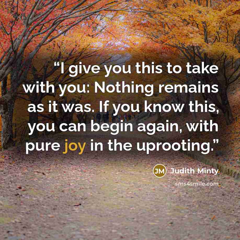 “I give you this to take with you: Nothing remains as it was. If you know this, you can begin again, with pure joy in the uprooting.” quote by Judith Minty