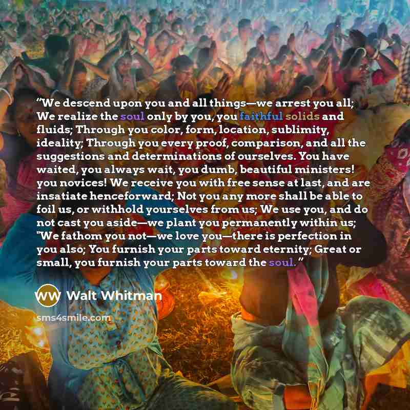 “We descend upon you and all things—we arrest you all; We realize the soul only by you, you faithful solids and fluids; Through you color, form, location, sublimity, ideality; Through you every proof, comparison, and all the suggestions and determinations of ourselves. You have waited, you always…” quote by Walt Whitman