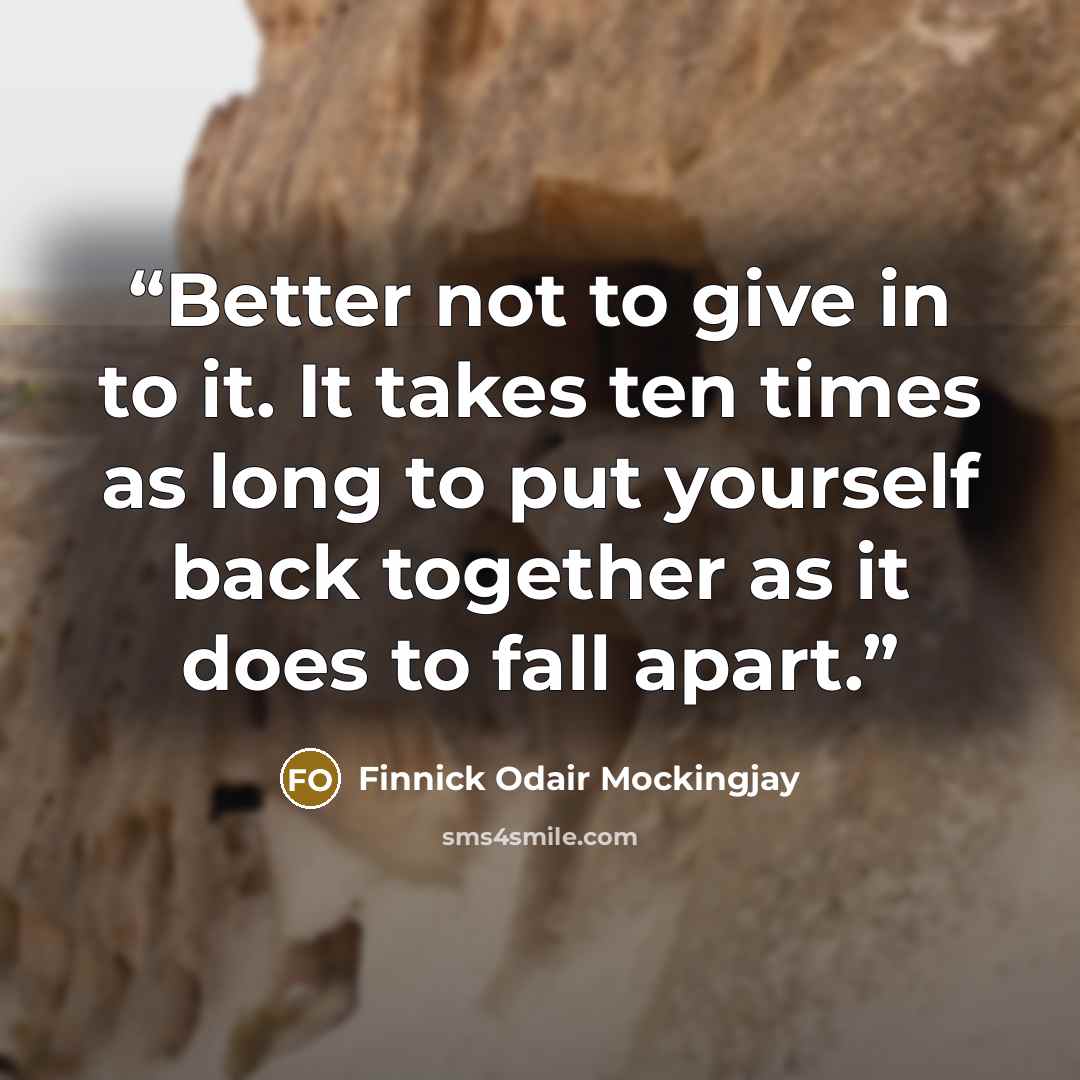 “Better not to give in to it. It takes ten times as long to put yourself back together as it does to fall apart.” quote by Finnick Odair Mockingjay