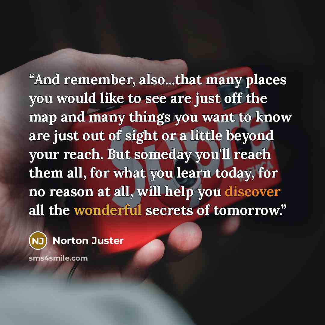 “And remember, also...that many places you would like to see are just off the map and many things you want to know are just out of sight or a little beyond your reach. But someday you'll reach them all, for what you learn today, for no reason at all, will help you discover all the wonderful secrets…” quote by Norton Juster