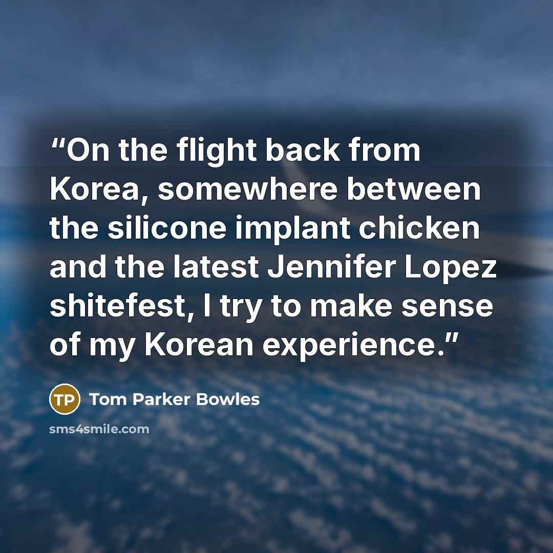 “On the flight back from Korea, somewhere between the silicone implant chicken and the latest Jennifer Lopez shitefest, I try to make sense of my Korean experience.” quote by Tom Parker Bowles