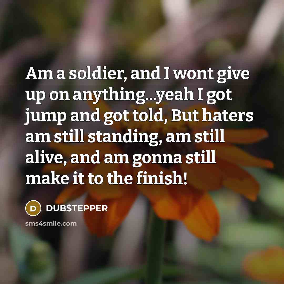 “Am a soldier, and I wont give up on anything...yeah I got jump and got told, But haters am still standing, am still alive, and am gonna still make it to the finish!” quote by DUB$TEPPER