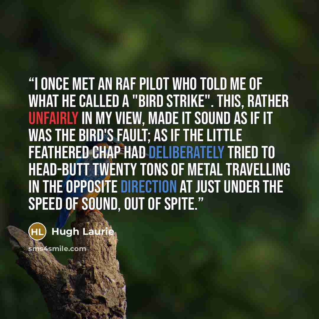 “I once met an RAF pilot who told me of what he called a "bird strike". This, rather unfairly in my view, made it sound as if it was the bird's fault; as if the little feathered chap had deliberately tried to head-butt twenty tons of metal travelling in the opposite direction at just under the…” quote by Hugh Laurie