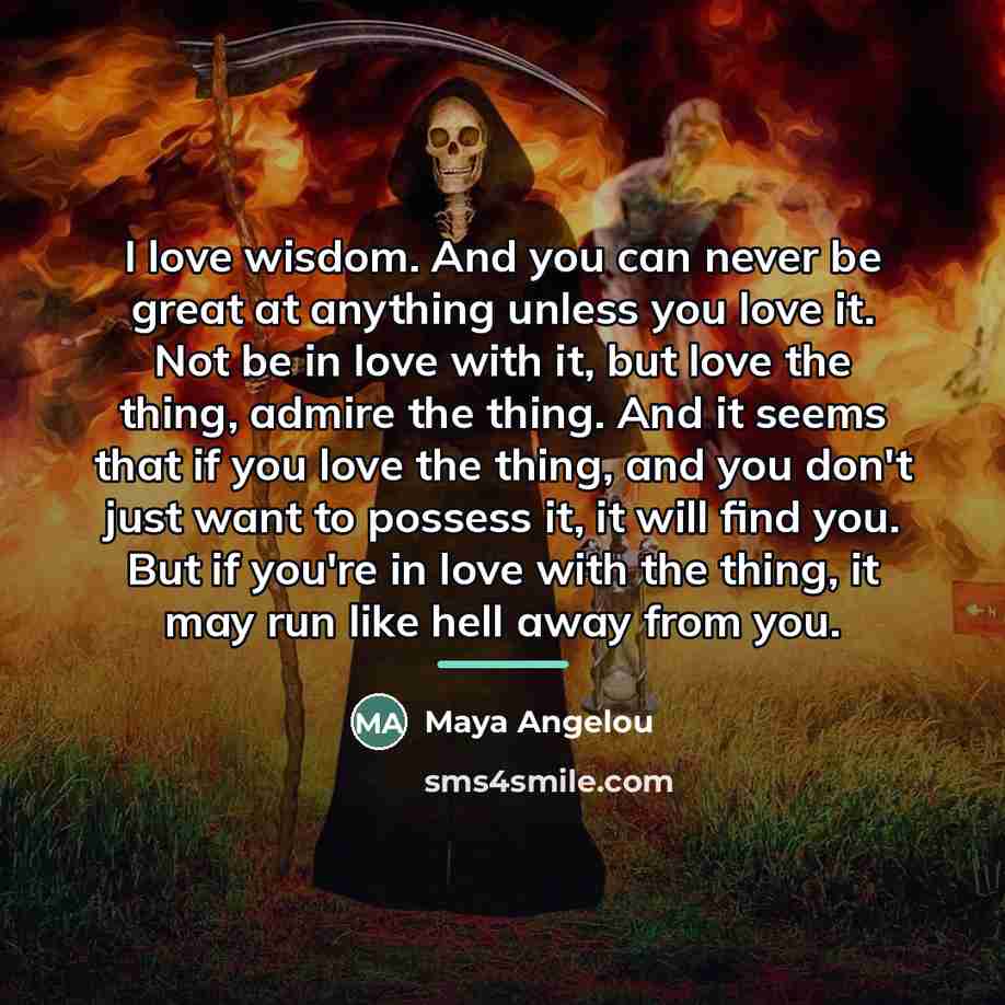 “I love wisdom. And you can never be great at…” quote by Maya Angelou