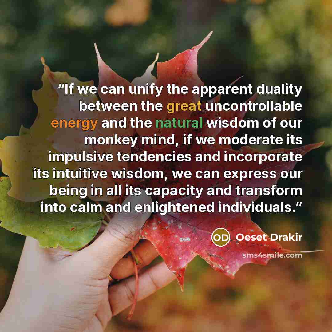 “If we can unify the apparent duality between the great uncontrollable energy and the natural wisdom of our monkey mind, if we moderate its impulsive tendencies and incorporate its intuitive wisdom, we can express our being in all its capacity and transform into calm and enlightened individuals.” quote by Oeset Drakir