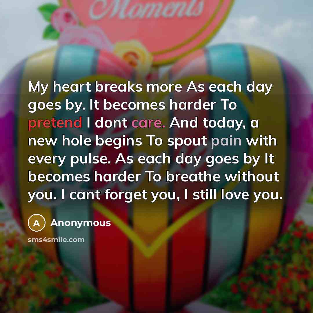 “My heart breaks more As each day goes by. It becomes harder To pretend I dont care. And today, a new hole begins To spout pain with every pulse. As each day goes by It becomes harder To breathe without you. I cant forget you, I still love you.” quote by Anonymous